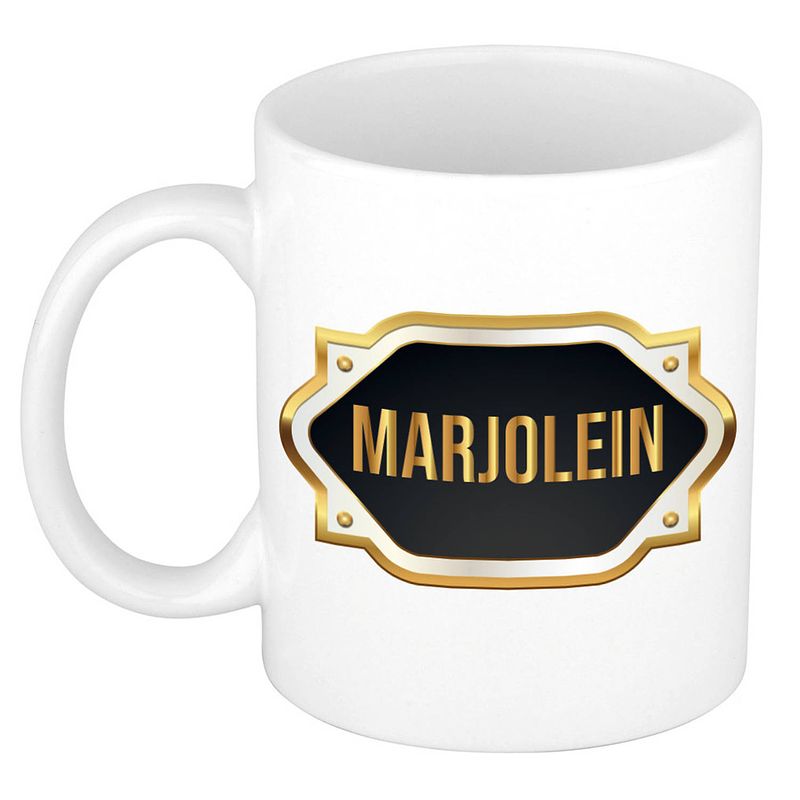 Foto van Naam cadeau mok / beker marjolein met gouden embleem 300 ml - naam mokken