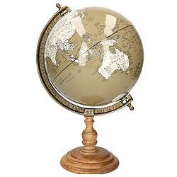 Foto van Items deco wereldbol/globe op voet - kunststof - taupe - home decoratie artikel - d22 x h33 cm - wereldbollen