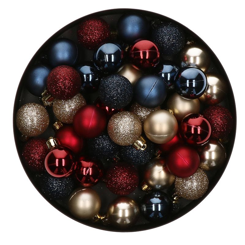 Foto van 48x stuks kunststof kerstballen mix donkerblauw/champagne/donkerrood 4 cm - kerstbal