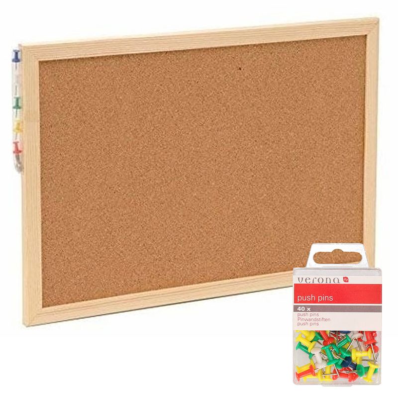 Foto van Prikbord incl. 40x punaises gekleurd - 30 x 45 cm - kurk - prikborden