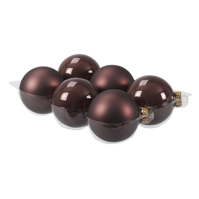 Foto van 6x stuks glazen kerstballen donkerbruin (chestnut) 8 cm mat/glans - kerstbal