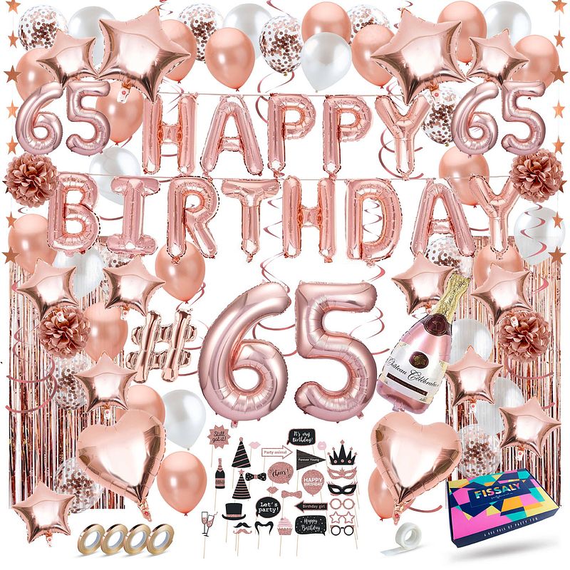 Foto van Fissaly® 65 jaar rose goud verjaardag decoratie versiering - feest - helium, latex & papieren confetti ballonnen