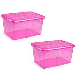 Foto van 2x opslagbakken/organizers met deksel 60 liter 63 x 46 x 32 transparant roze - opbergbox