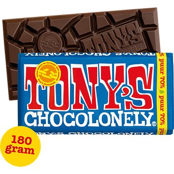Foto van 2 voor € 4,50 | tony's chocolonely puur chocolade reep 70% 180g aanbieding bij jumbo