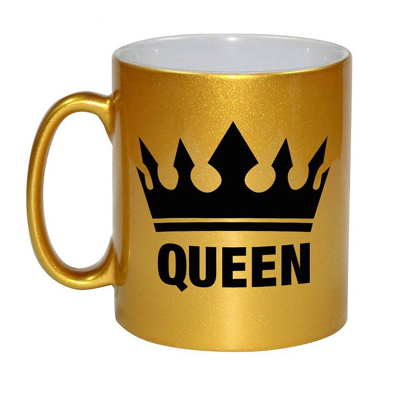 Foto van Cadeau queen mok/ beker goud met zwarte bedrukking 300 ml - feest mokken