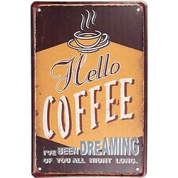 Foto van Clayre & eef wanddecoratie 20x30 cm bruin wit metaal hello coffee muurdecoratie wandversiering tekstbord