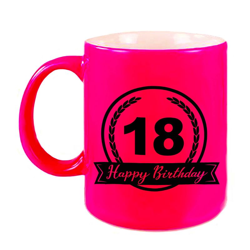 Foto van Happy birthday 18 years cadeau mok / beker neon roze met wimpel 330 ml - feest mokken