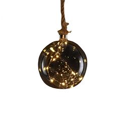 Foto van 1x stuks verlichte glazen kerstballen aan touw met 10 lampjes antraciet/warm wit 15 cm - kerstverlichting figuur