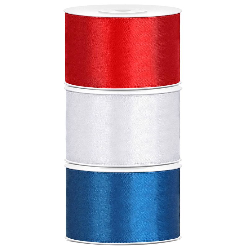 Foto van Set van 3 stuks sierlinten/cadeaulinten/satijnen linten rood-wit-blauw 38 mm x 25 meter - cadeaulinten