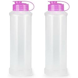 Foto van Drinkfles/waterfles/bidon - 2x - 1600 ml - transparant/roze - kunststof - drinkflessen