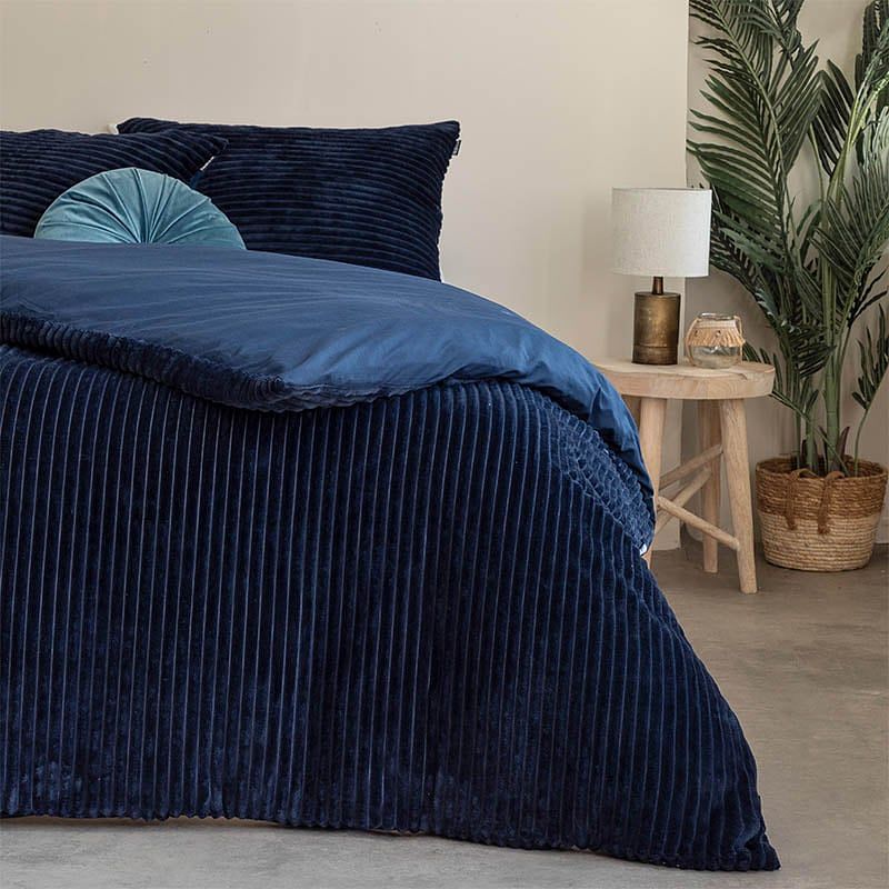 Foto van Dekbedovertrek teddy rib - tweepersoons (200x220 cm) - navy microvezel - dessin: effen, patroon - fresh & co - dekbed-discounter.nl