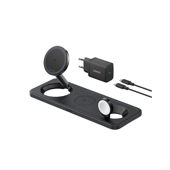 Foto van Anker maggo magnetic wireless charger 15w 3-in-1 pad eu plug oplader zwart