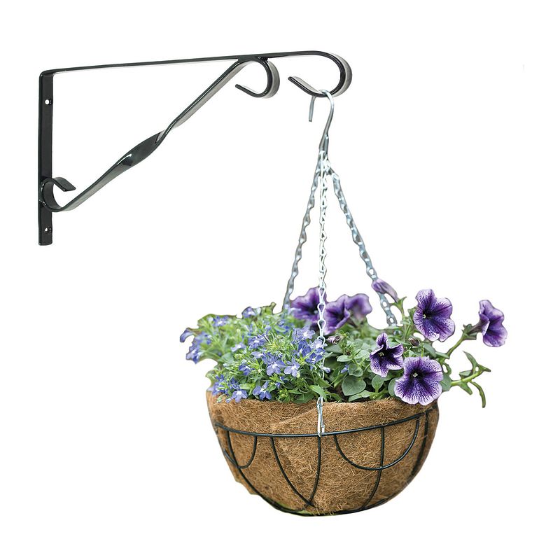 Foto van Hanging basket 30 cm met klassieke muurhaak donkergrijs en kokos inlegvel - metaal - hangmand set - plantenbakken