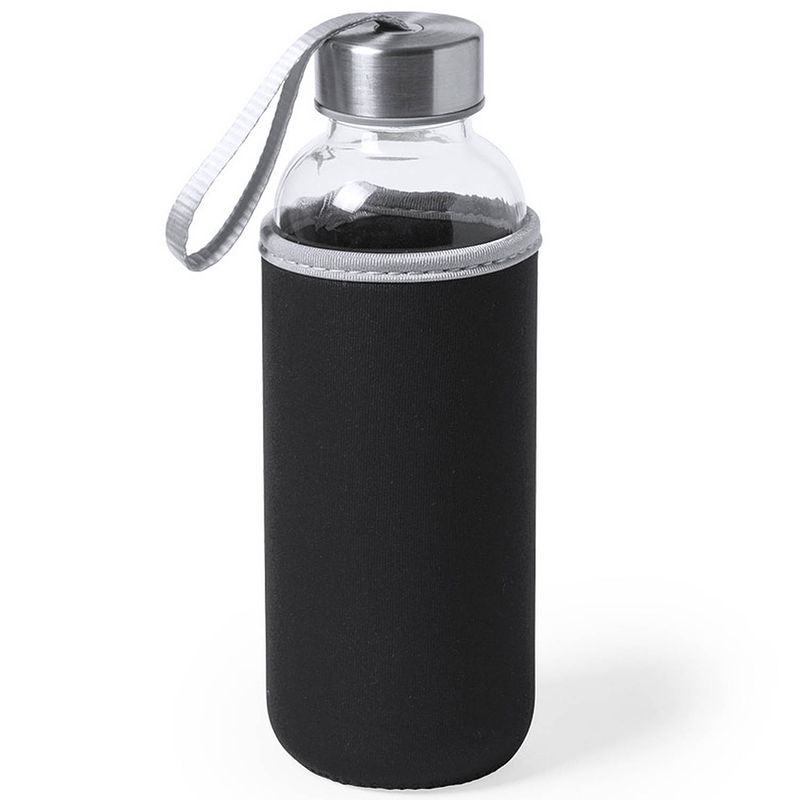 Foto van Glazen waterfles/drinkfles met zwarte softshell bescherm hoes 420 ml - drinkflessen