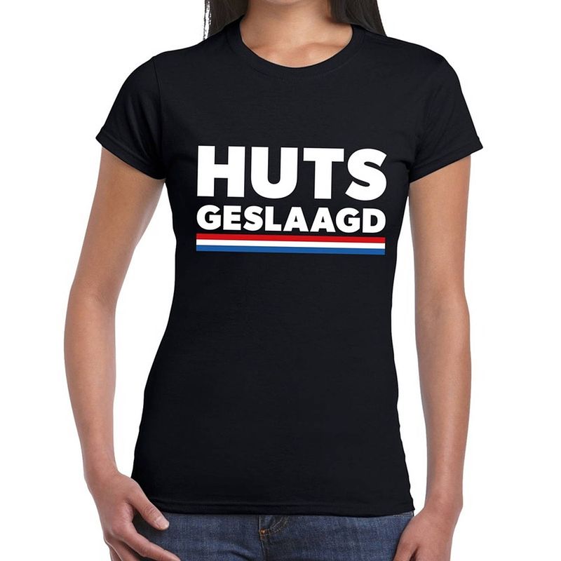 Foto van Huts geslaagd met hollandse vlag tekst t-shirt zwart dames - geslaagd/ afgestudeerd cadeau xs