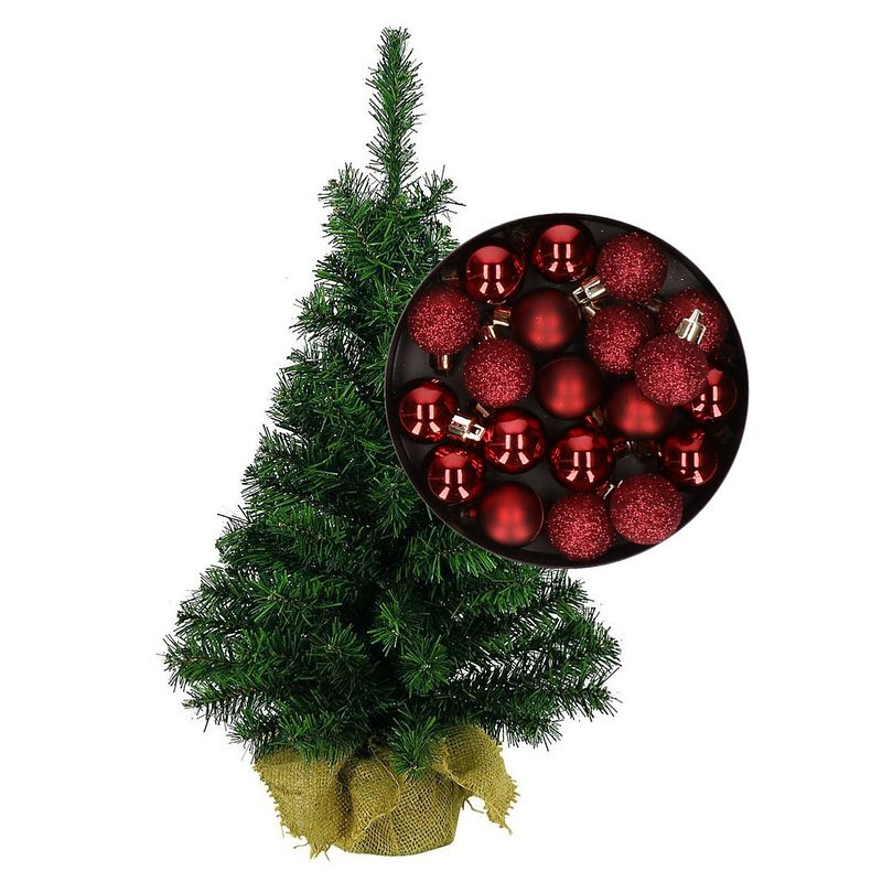 Foto van Mini kerstboom/kunst kerstboom h75 cm inclusief kerstballen donkerrood - kunstkerstboom