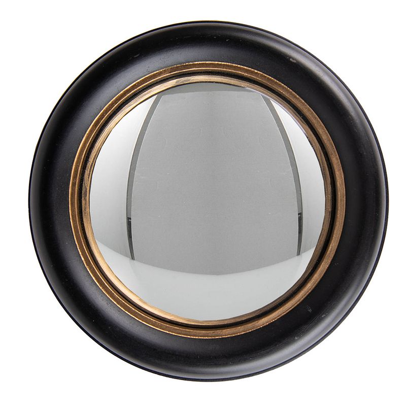 Foto van Haes deco - bolle ronde spiegel - zwart - ø 32x3 cm - hout / glas - wandspiegel, spiegel rond, convex glas