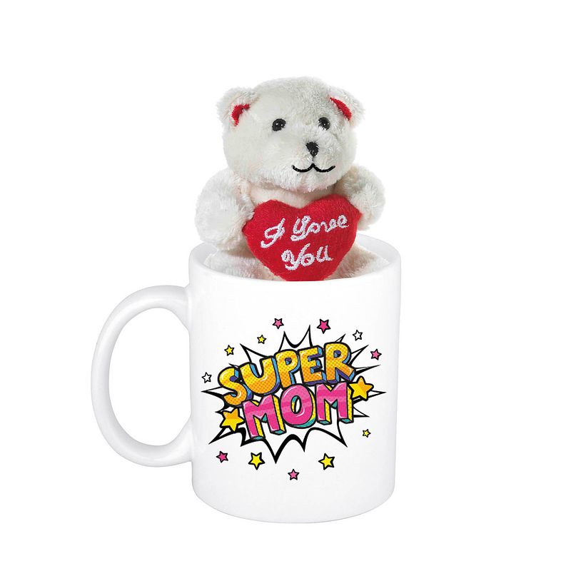 Foto van Moederdag cadeau super mom pop art beker / mok 300 ml met beige knuffelbeertje met love hartje - feest mokken