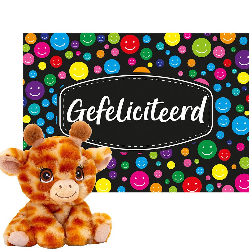Foto van Keel toys - cadeaukaart gefeliciteerd met knuffeldier giraffe 16 cm - knuffeldier