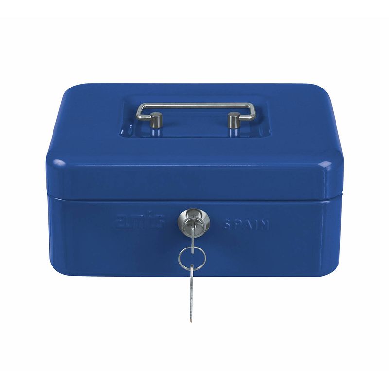 Foto van Amig geldkistje met 2 sleutels - blauw - staal - 25 x 18 x 9 cm - inbraakbeveiliging  - geldkistjes