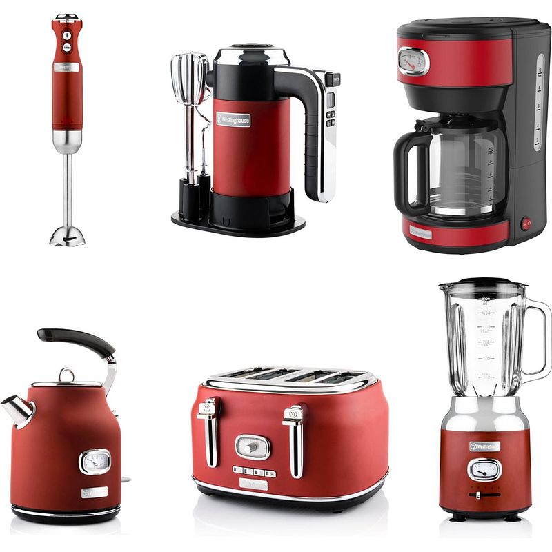 Foto van Westinghouse - retro - handmixer+staafmixer+blender+waterkoker+broodrooster 4 sleuven+koffiezetapparaat - rood