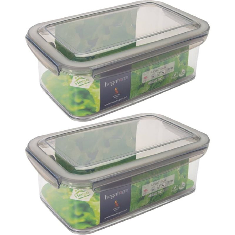 Foto van 2x voorraad/vershoudbakjes 1,9 liter transparant/grijs plastic 24 x 15 cm - vershoudbakjes