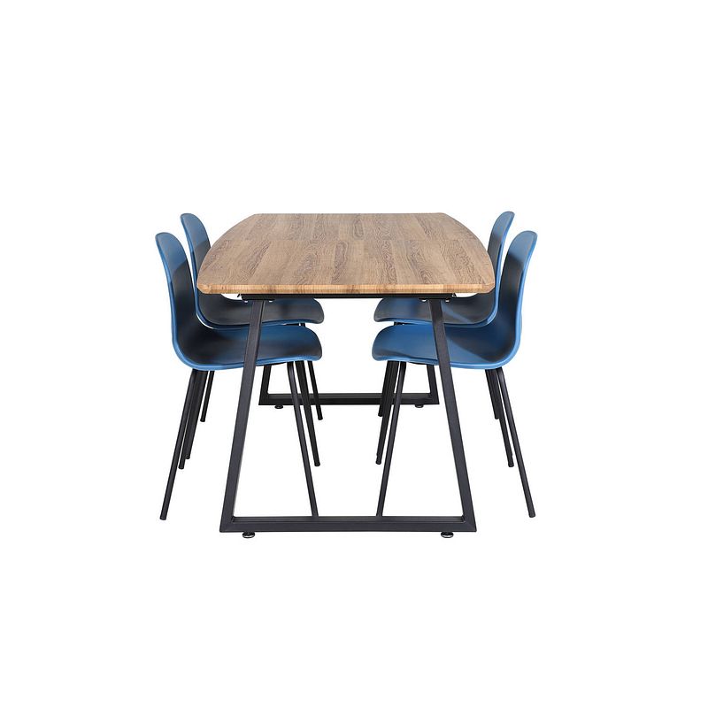 Foto van Incanabl eethoek eetkamertafel udtræksbord længde cm 160 / 200 el hout decor en 4 arctic eetkamerstal blauw, zwart.