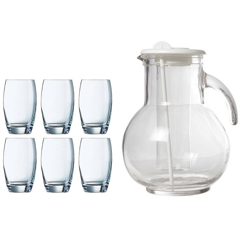 Foto van Waterglazen salto set van 6x stuks 350 ml en luxe schenkkan 2.0 liter - drinkglazen