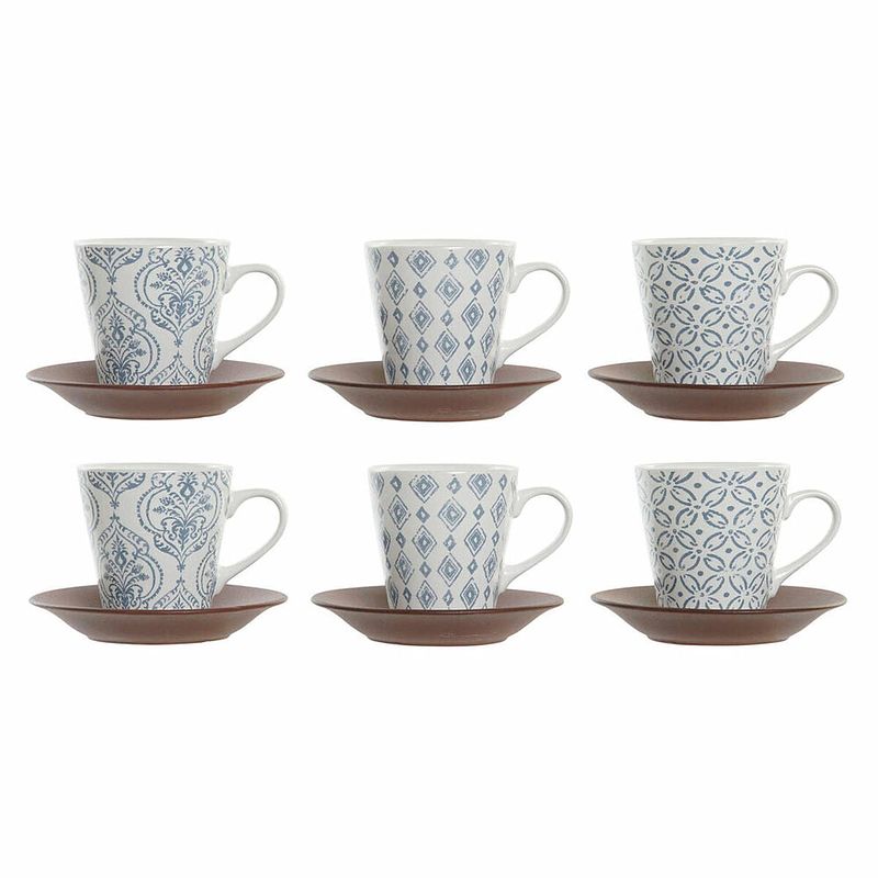 Foto van Set van koffiekopjes dkd home decor blauw bruin rubberwood wit keramiek 150 ml