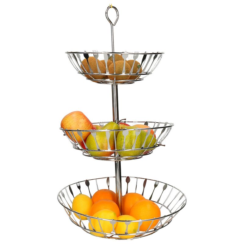 Foto van Zilveren ronde fruitschaal/fruitmand etagere bestekpatroon 3-laags met oog 56 cm - fruitschalen