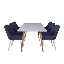 Foto van Polar180x90whna eethoek eetkamertafel wit en 6 plaza eetkamerstal blauw, wit.