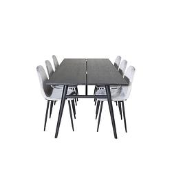 Foto van Sleek eethoek eetkamertafel uitschuifbare tafel lengte cm 195 / 280 zwart en 6 polar diamond eetkamerstal velours grijs.