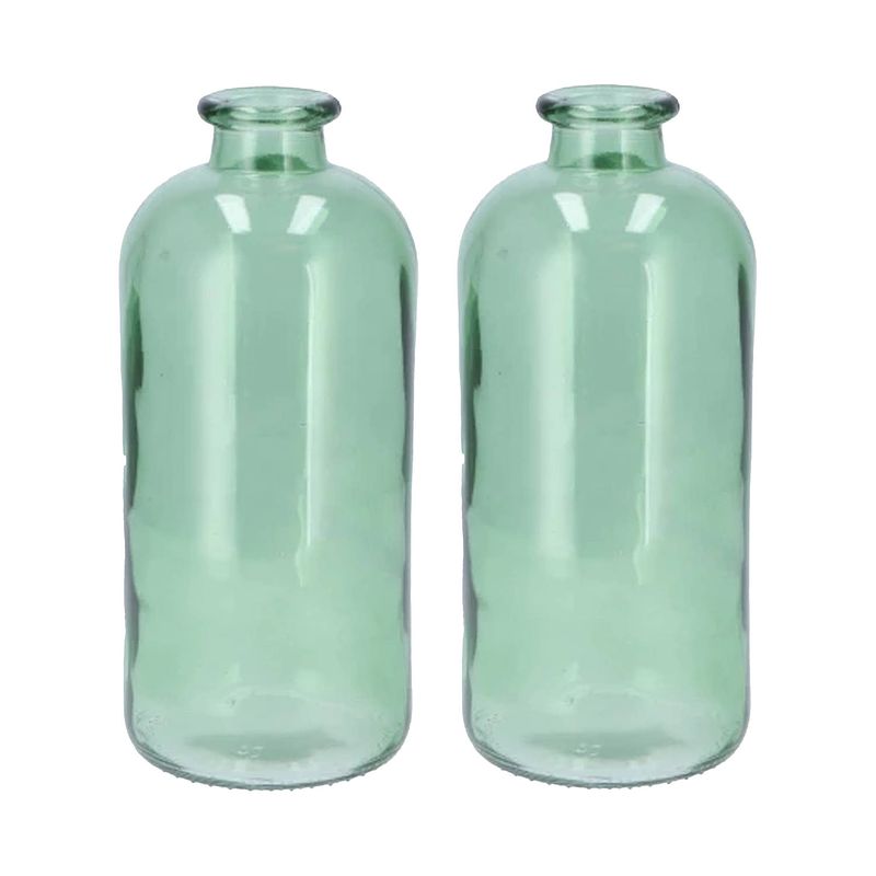 Foto van Dk design bloemenvaas fles model - 2x - helder gekleurd glas - zeegroen - d11 x h25 cm - vazen