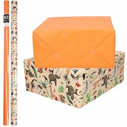 Foto van 6x rollen kraft inpakpapier jungle/oerwoud pakket - dieren/oranje 200 x 70 cm - cadeaupapier