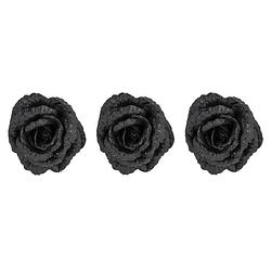 Foto van 4x stuks decoratie bloemen roos zwart glitter op clip 18 cm - kersthangers