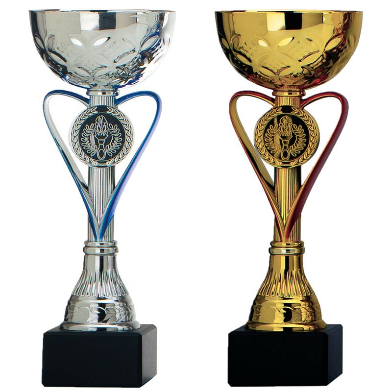Foto van Luxe trofee/prijs beker - zilver/blauw hart - goud/rood hart - metaal - 20 x 8 cm - fopartikelen