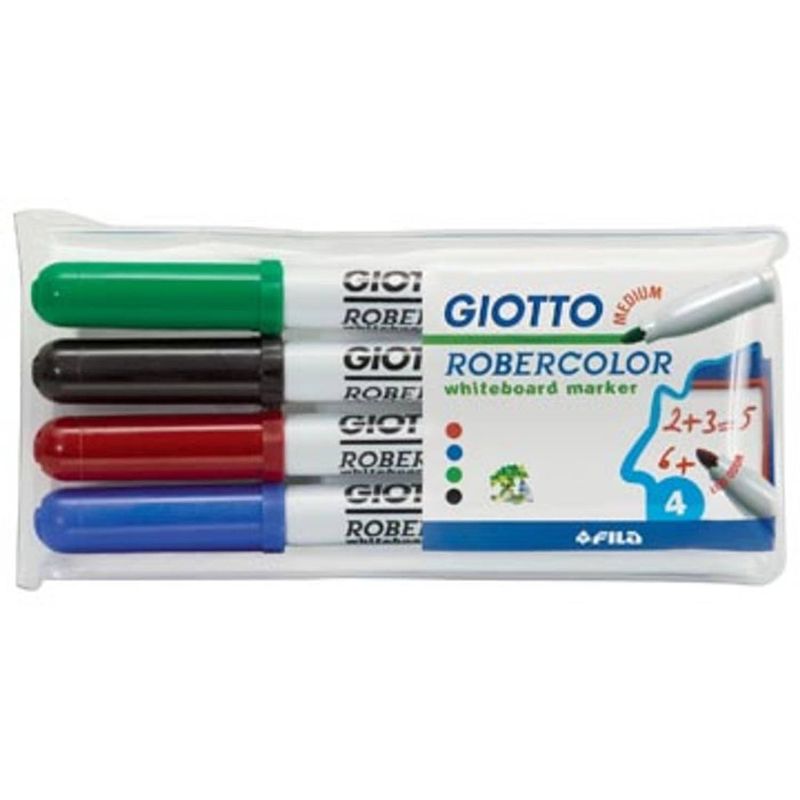 Foto van Giotto robercolor whiteboardmarker, medium, ronde punt, etui met 4 stuks in geassorteerde kleuren