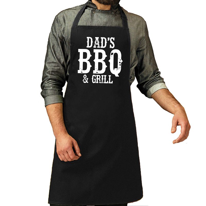 Foto van Vaderdag cadeau schort zwart dads bbq en grill voor heren - feestschorten