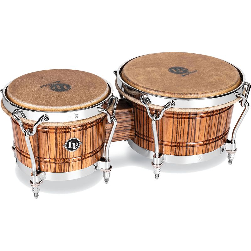 Foto van Latin percussion lp201a-jr60 7.25 - 9 inch zebra "dandy" bongos 60th anniversary