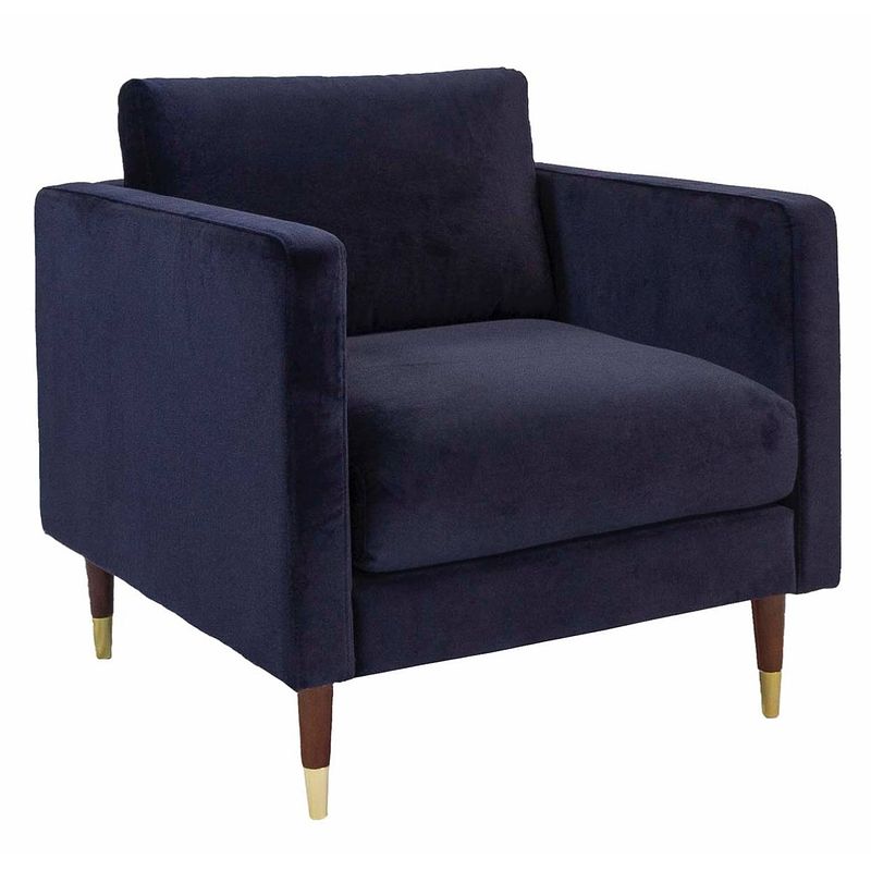 Foto van 24designs balance fauteuil - blauw fluweel - bruine houten poten