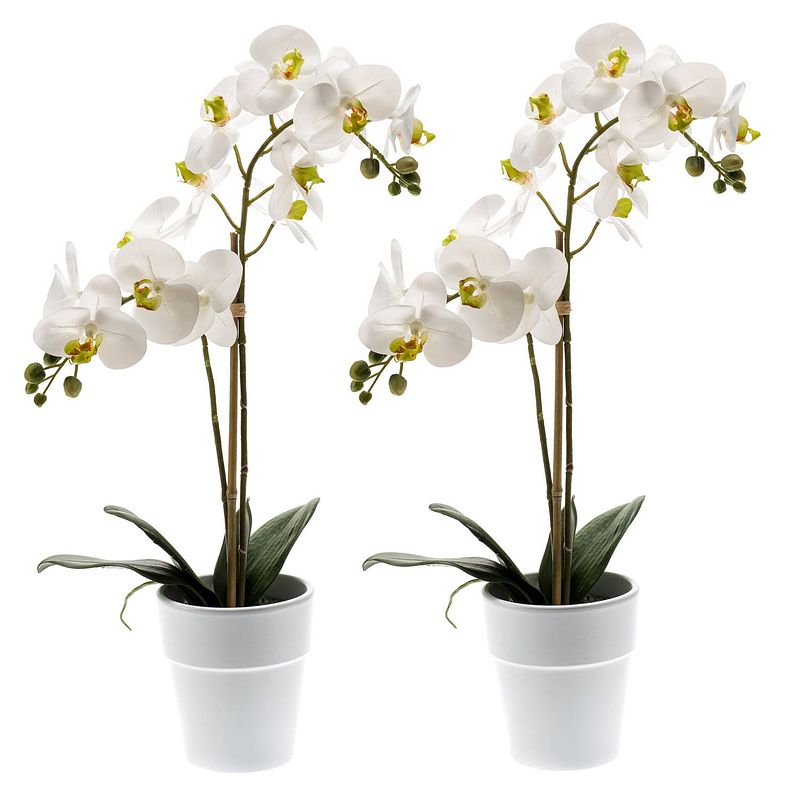 Foto van Set van 2x stuks witte orchidee kunstplanten in kunststof pot 65 cm - kunstplanten