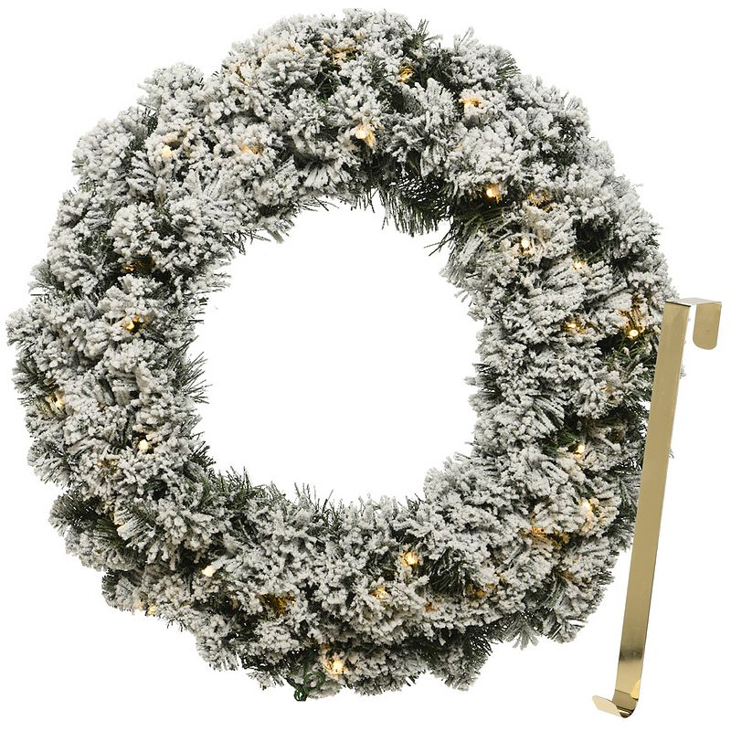 Foto van Kerstkrans 50 cm - groen met led - besneeuwd - met gouden hanger/ophanghaak - kerstkransen