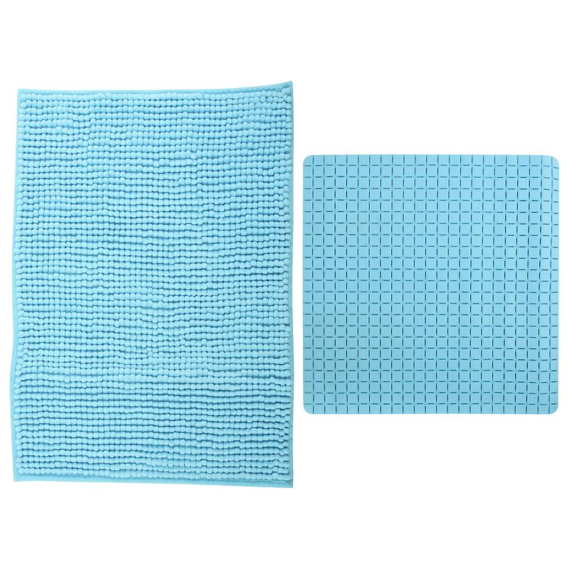 Foto van Msv douche anti-slip mat en droogloop mat - sevilla badkamer set - rubber/microvezel - lichtblauw - badmatjes