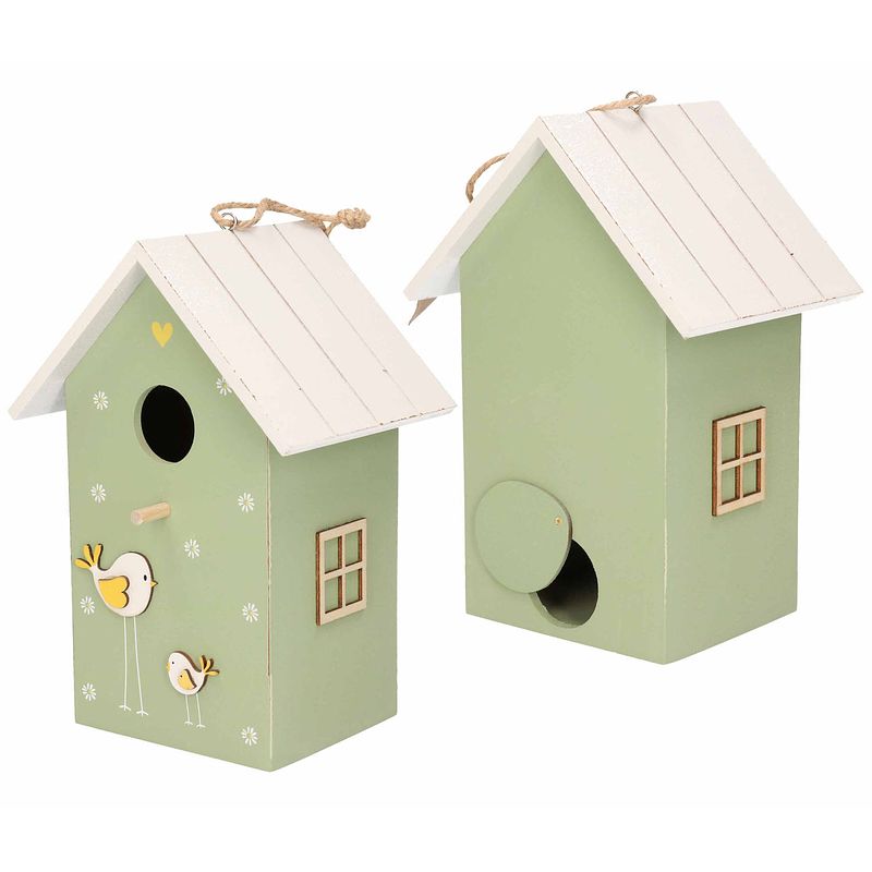 Foto van 2x stuks nestkast/vogelhuisje hout groen met wit dak 15 x 12 x 22 cm - vogelhuisjes