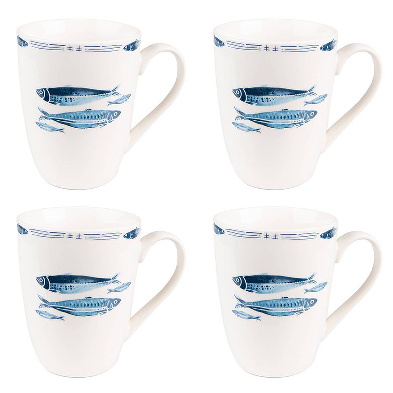 Foto van Haes deco - mokken set van 4 - 12x9x11 cm / 330 ml - met vissen - fishy blue