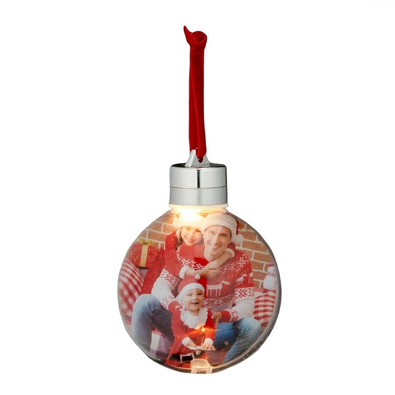 Foto van 1x stuks diy foto/fotolijst kunststof kerstballen transparant 8 cm met verlichting - kerstbal