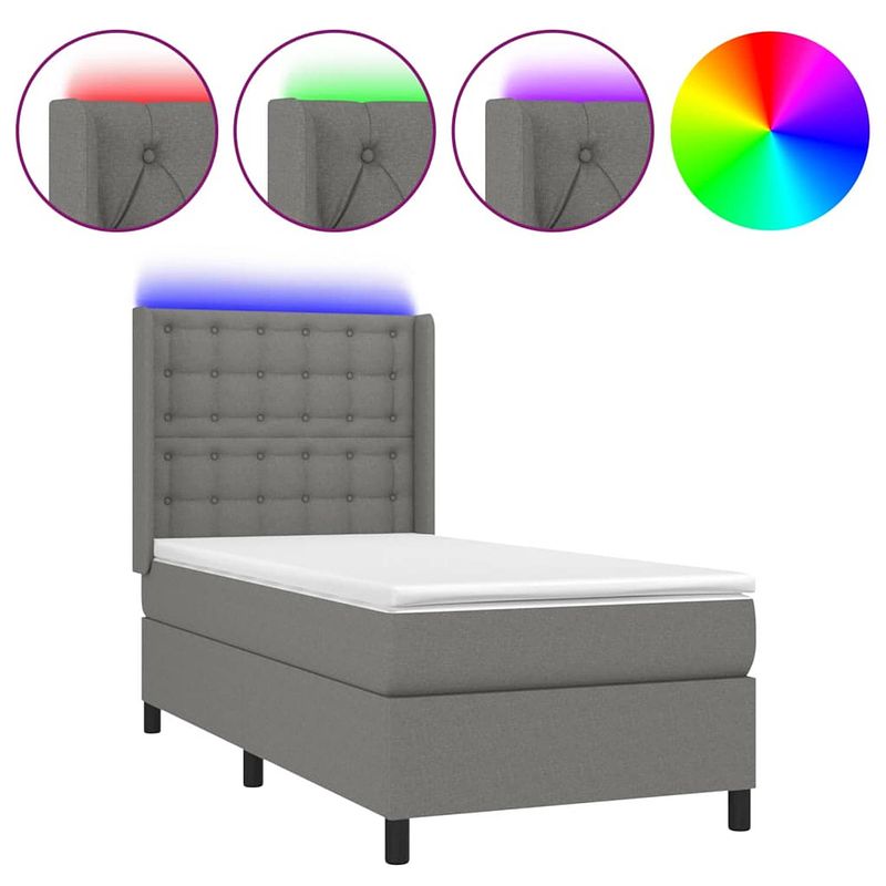 Foto van The living store boxspring bed - 193x93x118/128 cm - donkergrijs - matras en topmatras - led verlichting