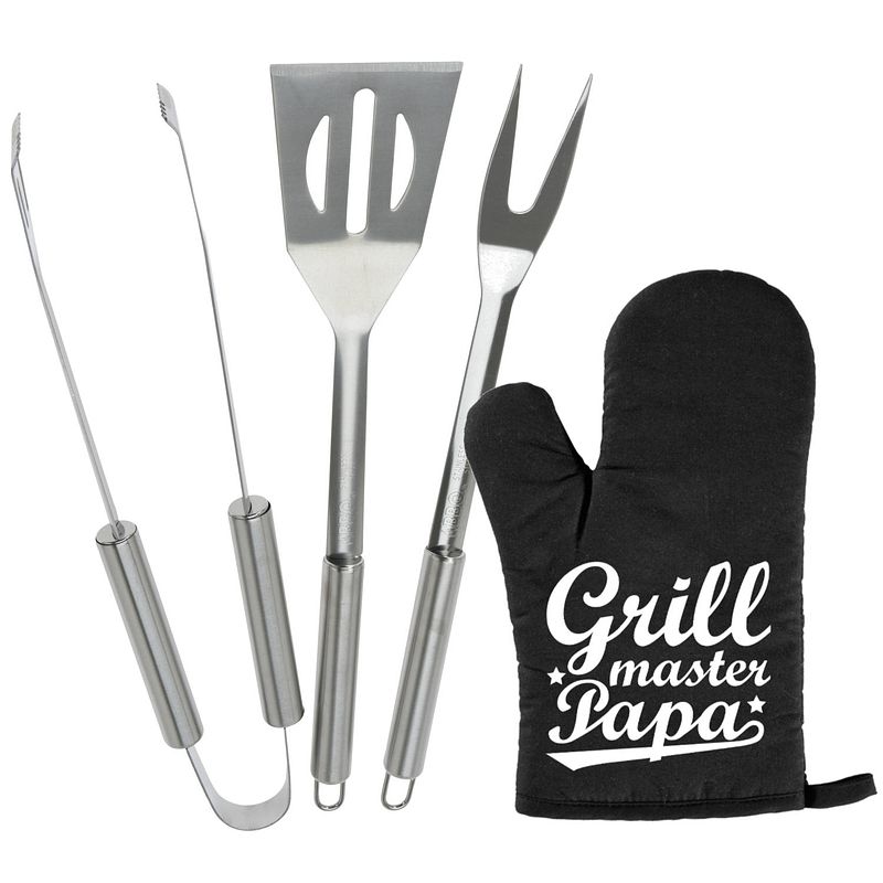 Foto van Bbq/barbecue gereedschap set 3-delig rvs met bbq handschoen grillmaster papa - barbecuegereedschapset