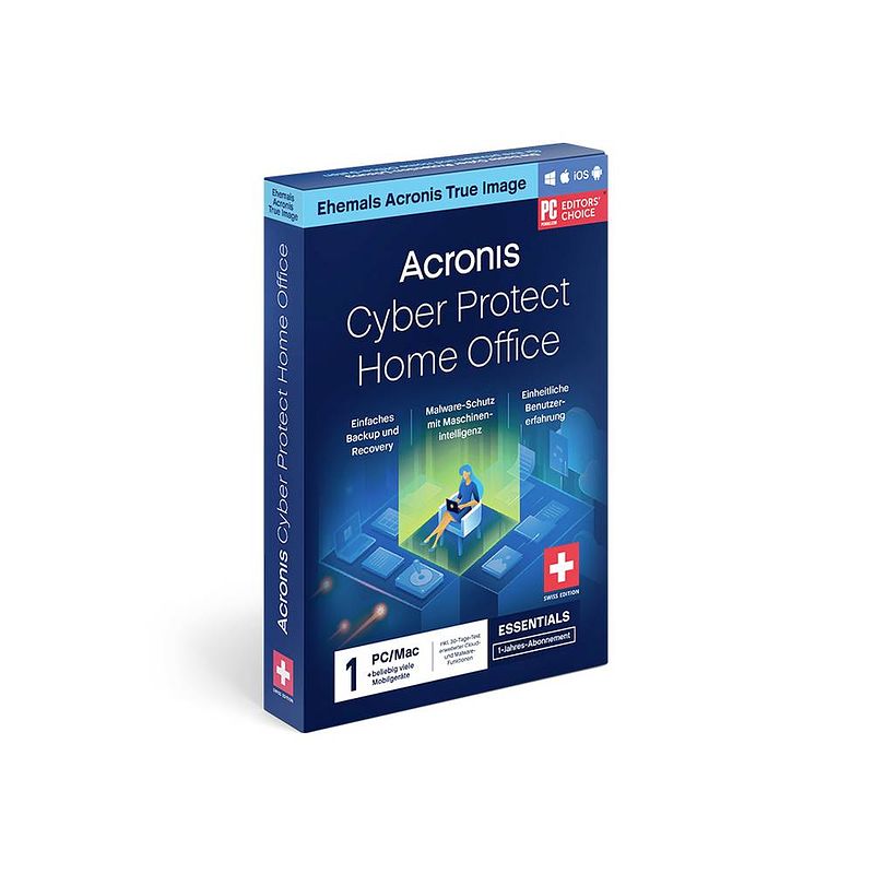 Foto van Acronis cyber protect home office essentials ch licentie voor 1 jaar, 1 licentie windows, mac, ios, android beveiligingssoftware