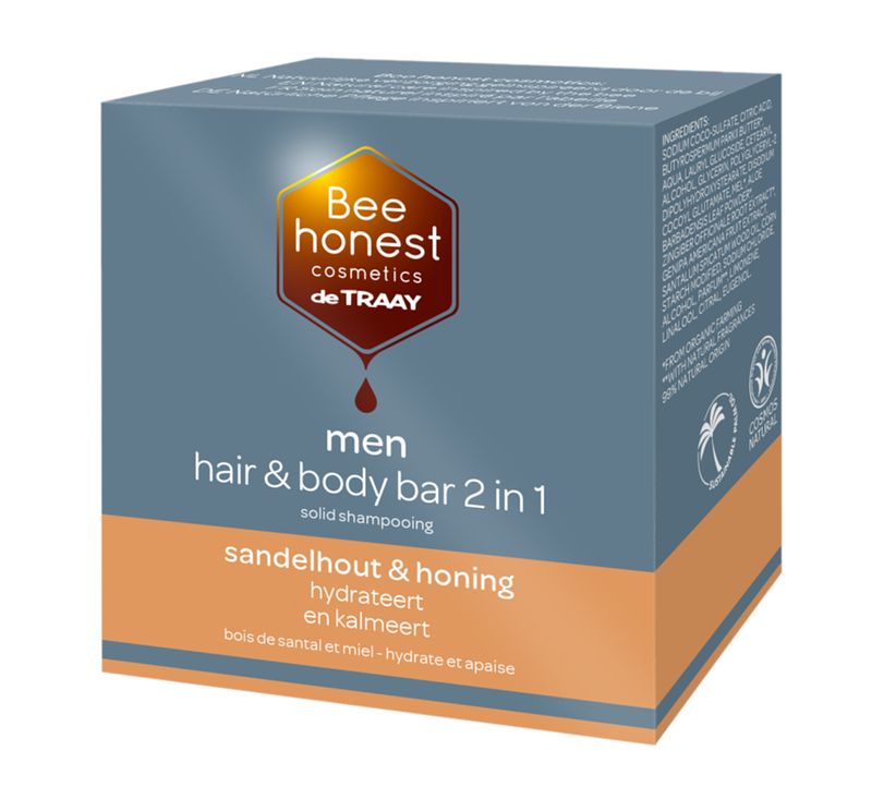 Foto van Bee honest men hair & body bar 2-in-1 sandelhout & honing